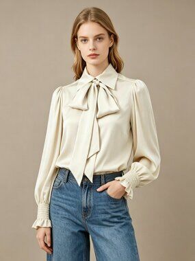 NWOT SEE BY CHLOÉ Tie-Neck Twill Blouse Khaki Size 38/6 Long Sleeves Ruffles